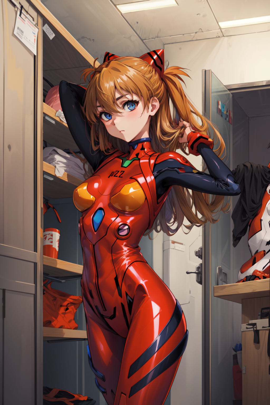 masterpiece,best quality,1girl,souryuu asuka langley,interface headset,red bodysuit,expressionless,(adjusting clothes),cha...